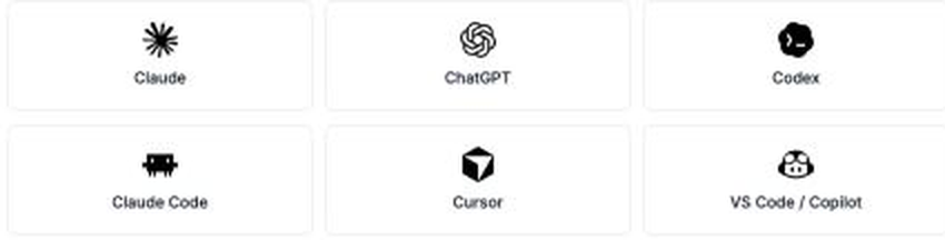 AI app chooser with Claude, ChatGPT, Codex, Claude Code, Cursor, and VS Code / Copilot